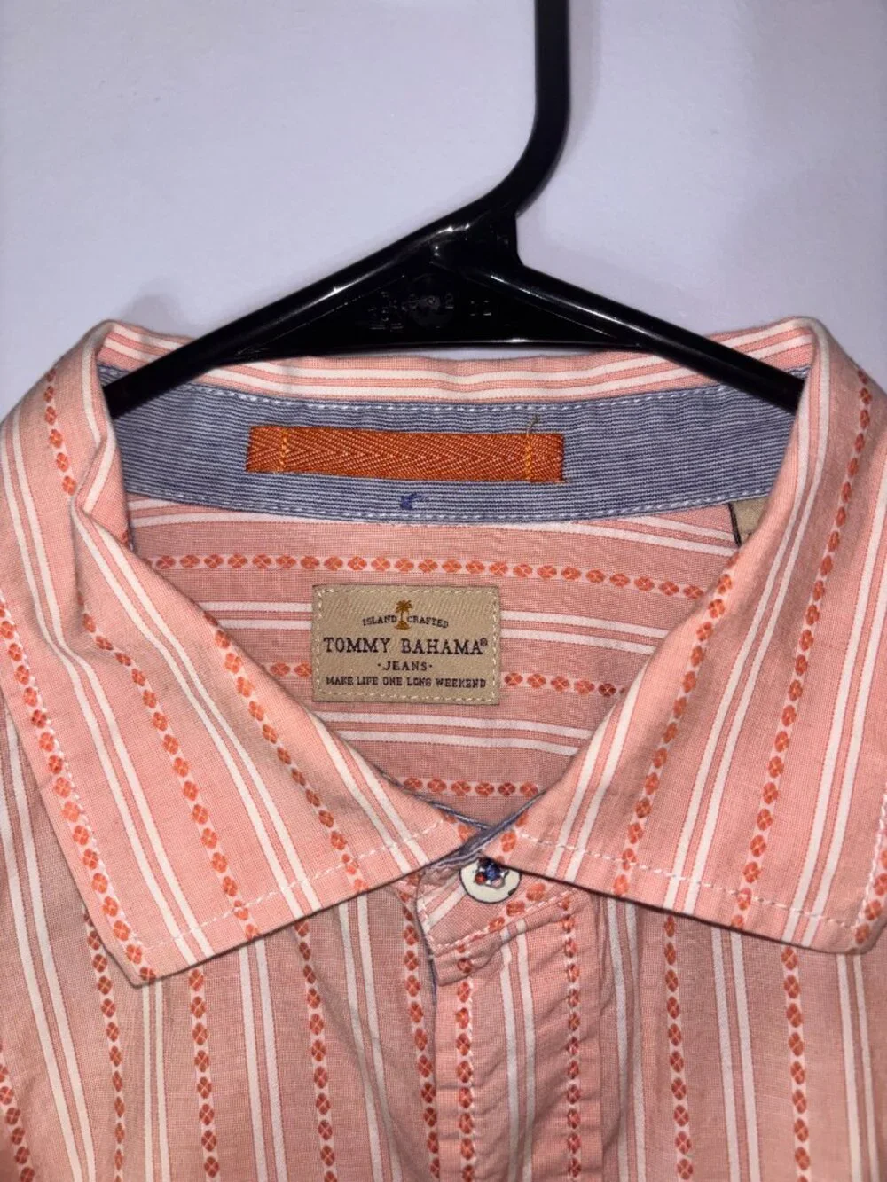 Tommy Bahama Men's Large Coral Pink Orange Striped Blend Button Down Shirt